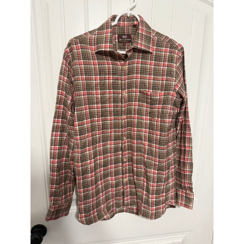Hickey Freeman Shirt Mens S Brown Pink Plaid Button Down Long Sleeve EUC